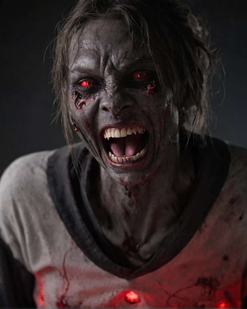 maniacal laugh, mouth wide open, eyes with red light, dark, zombie gray skin, black jersey
