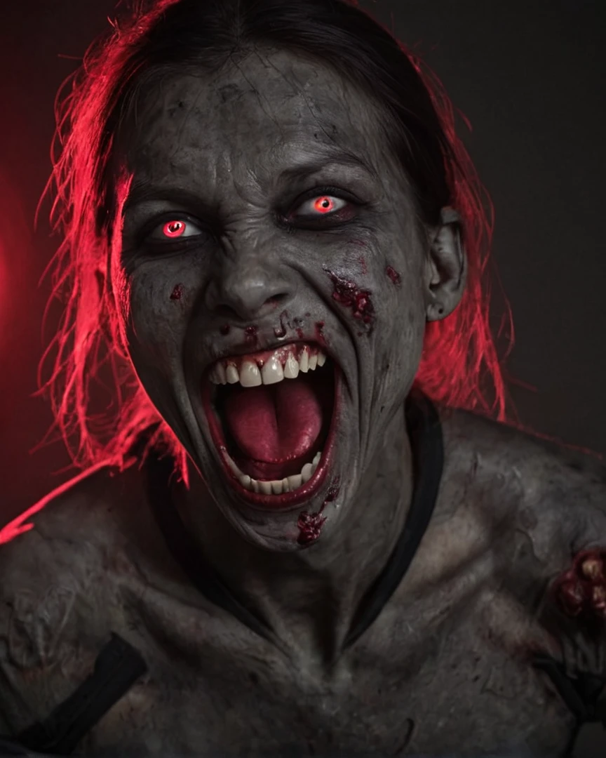 maniacal laugh, mouth  wide open, eyes with red light, dark, zombie gray skin, black jersey