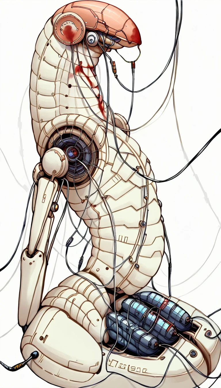 (((masterpiece))), (((best quality))), ((ultra-detailed)), (highly detailed CG illustration), ((an extremely delicate and beautiful)),(from side),cinematic light,((1mechanical girl)),solo,full body,(machine made joints:1.2),((machanical limbs)),(blood vessels connected to tubes),(mechanical vertebra attaching to back),((mechanical cervial attaching to neck)),(sitting),expressionless,(wires and cables attaching to neck:1.2),(wires and cables on head:1.2)(character focus),science fiction,white background, extreme detailed,colorful,highest detailed