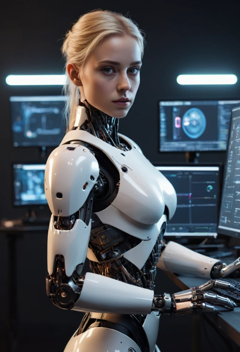 realistic, photorealistic, 1girl, beautiful blonde robot, fit athletic body, v-line jawline, working intently on computer, full body, standing, highly detailed face and eyes, hyperrealistic, 8k, ultra-detailed, (best quality,4k,8k,highres,masterpiece:1.2),ultra-realistic, cinematic lighting, dramatic shadows, volumetric lighting, studio lighting, glowing interface, complex machinery, intricate details, seamless integration, futuristic, cyberpunk, moody, serious expression