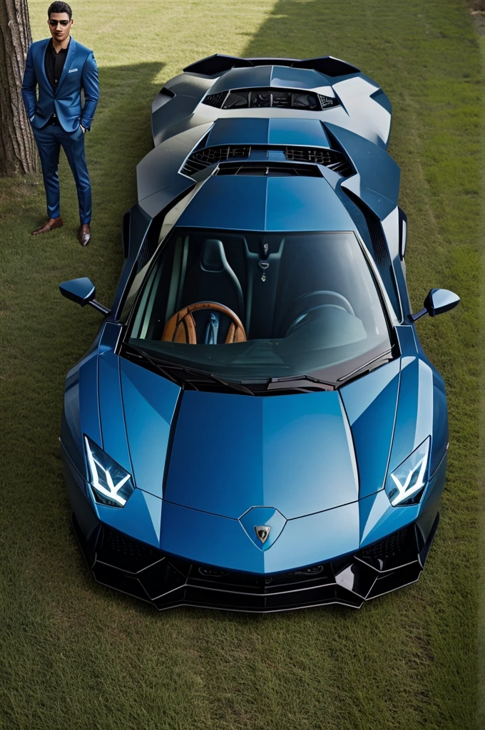 A handsome guy standing next to blue  Lamborghini in grass area 