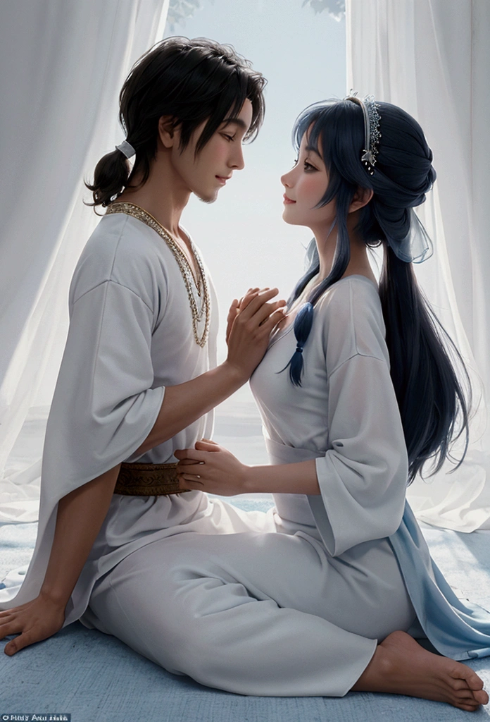 Side view of Aladdin couple wearing little white clothes on magic carpet looking at each other