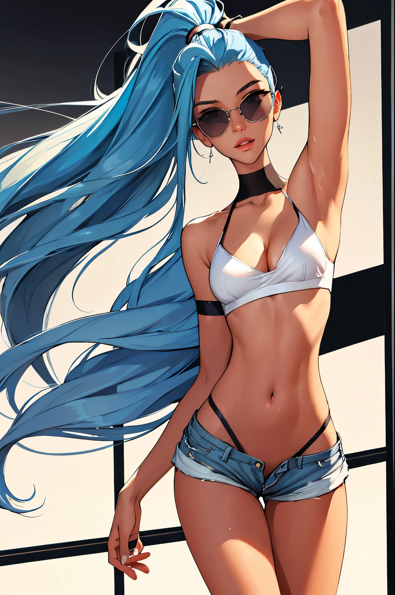 (best quality: 1.2), clean face, (masterpiece: 1.2, 8k) perfect anatomy, 1girl,a beautiful fashion model ,(masterpiece, official art, best quality ,long and shiny hair, blue hair with streaks in hair, long hair, full lips, slender body, slim body big breasts, looking at viewer, revealing outfit, absurdity, intricate details, dynamic pose, club, , wearing short shorts and a tight white top, cleavage, thong straps,  ponytail, sunglasses, celebrity