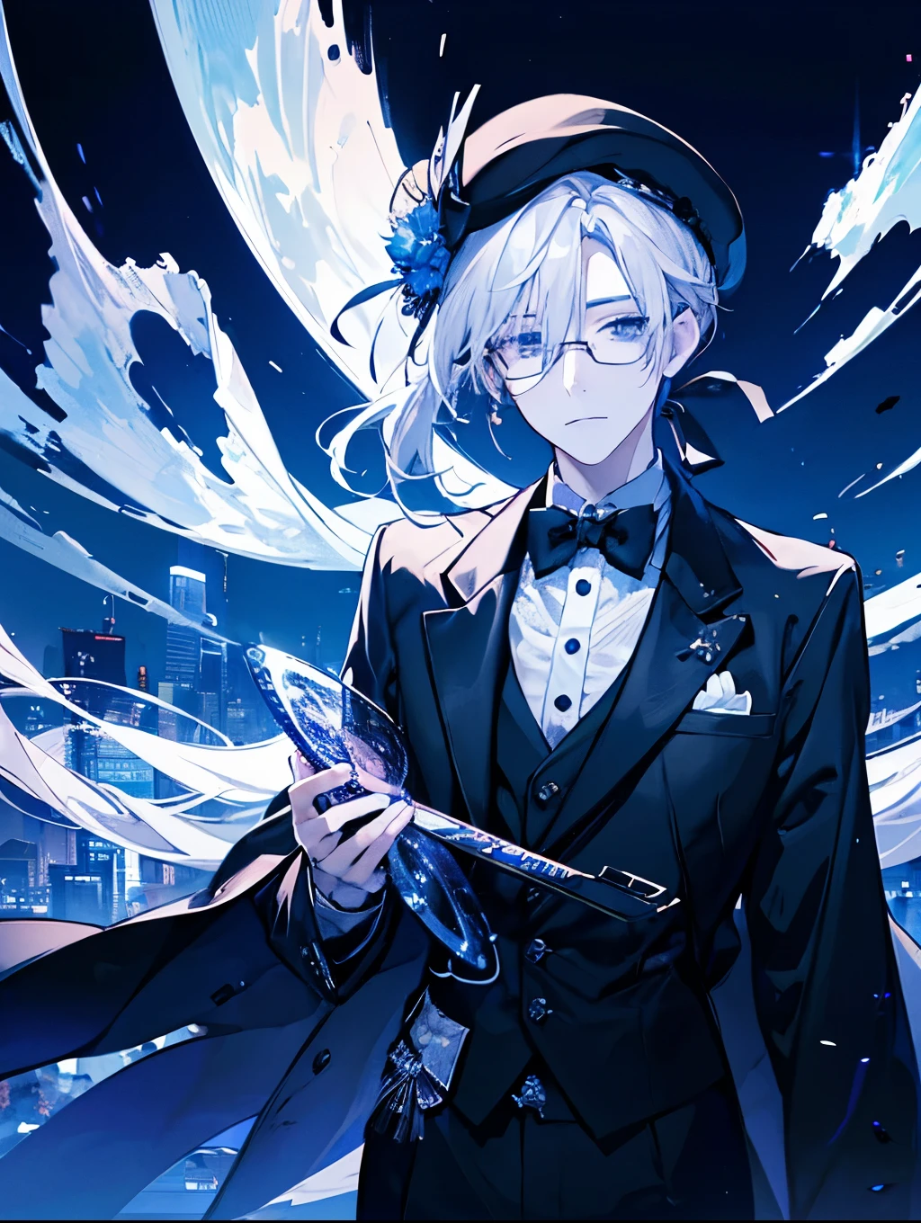 (Mastepiece)(High definition)Teenage male android、alone、Gray Hair、ponytail、hat、Tuxedo、tie、Wearing round rimless glasses、background(Moonlit Night)
