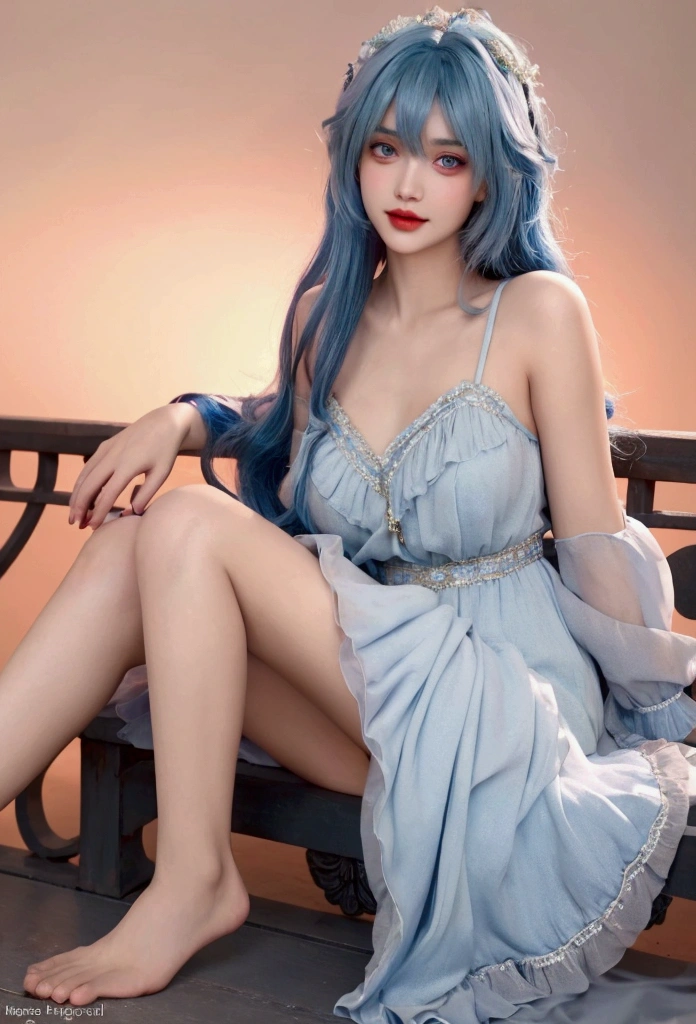 blue hair, bangs, Sweet girl dress2,dress, fashi-girl, red lips, mature female, makeup, Big eyes, Pretty eyes, ((full body)), ((Random shooting angles)), (best quality, masterpiece:1.2), ultra-detailed, (realistic:1.37), beautiful, youthful, glamorous model with (detailed eyes, detailed lips, extremely detailed eyes), with white and floral colors, showcasing a radiant smile, creating a breathtaking depiction of a girl, Warm tones, extremely high color saturation, official art,   extremely detailed CG unified 8k wallpaper,(High dynamic range :1.4), (cinematic),(soft colors,  dull colors,  soothing tones :1.3), (natural skin texture, ultra-realistic, soft light, sharp),(very detailed), Night, moonlight, In an antique pavilion, sit on a bench against the guardrailF