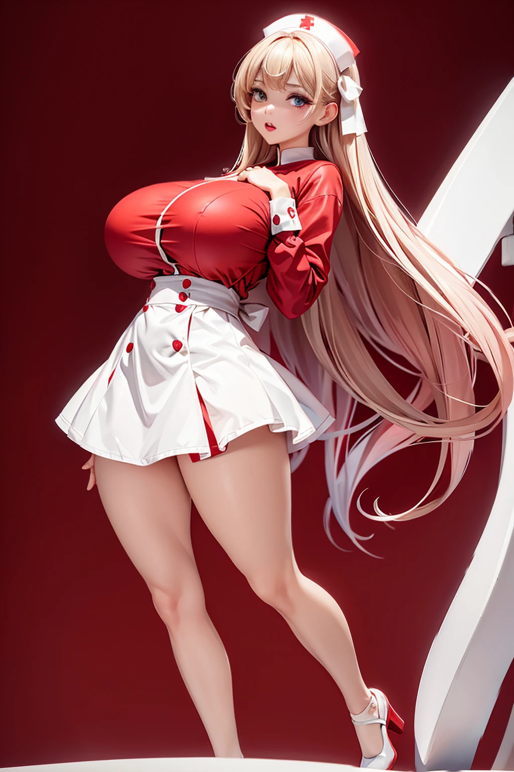 (full_body)、Woman、red_background、(big_breasts:1.5)、white_nurse