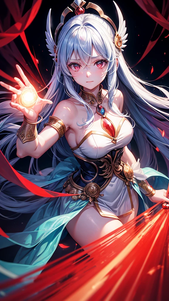 The goddess faces forward and holds out her hands、A red light on the right、　With a blue light in his left hand、Asking which one to choose。　Anime Images