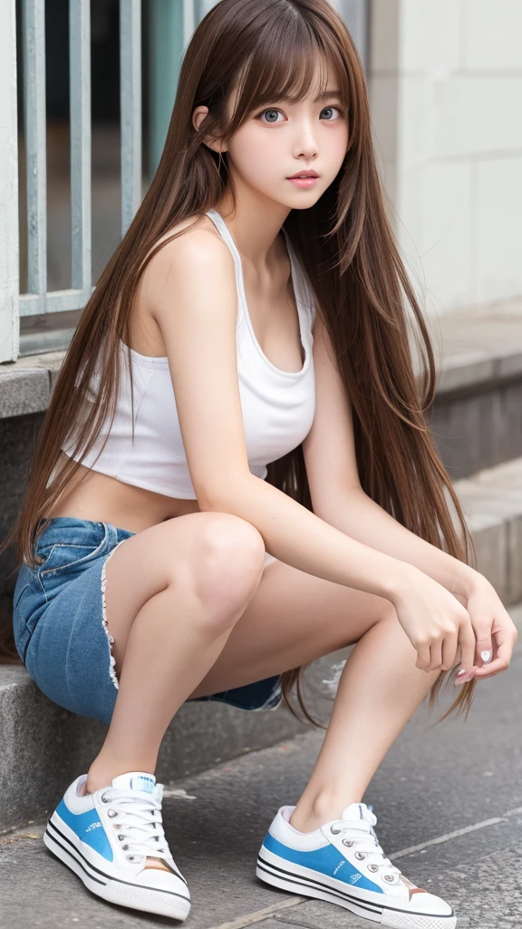 Long Hair 、Brown Hair 、Japanese、The eyes are double、For photos、sneakers、Shorts、Tube top
