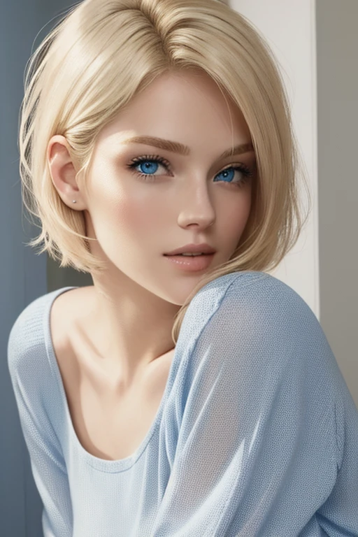 blonde woman with blue eyes and a short haircut posing for a picture, blonde hair and blue eyes, blonde hair blue eyes, blonde short hair, short blond hair, short blonde hair, blond hair blue eyes, blonde and attractive features, a gorgeous blonde, blue eyes and blond hair, short wavy blond hair, a girl with blonde hair, beautiful blonde girl