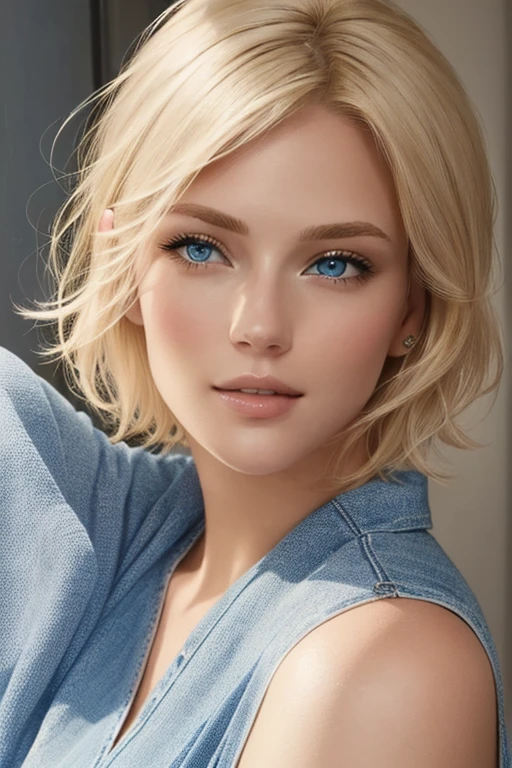 blonde woman with blue eyes and a short haircut posing for a picture, blonde hair and blue eyes, blonde hair blue eyes, blonde short hair, short blond hair, short blonde hair, blond hair blue eyes, blonde and attractive features, a gorgeous blonde, blue eyes and blond hair, short wavy blond hair, a girl with blonde hair, beautiful blonde girl
