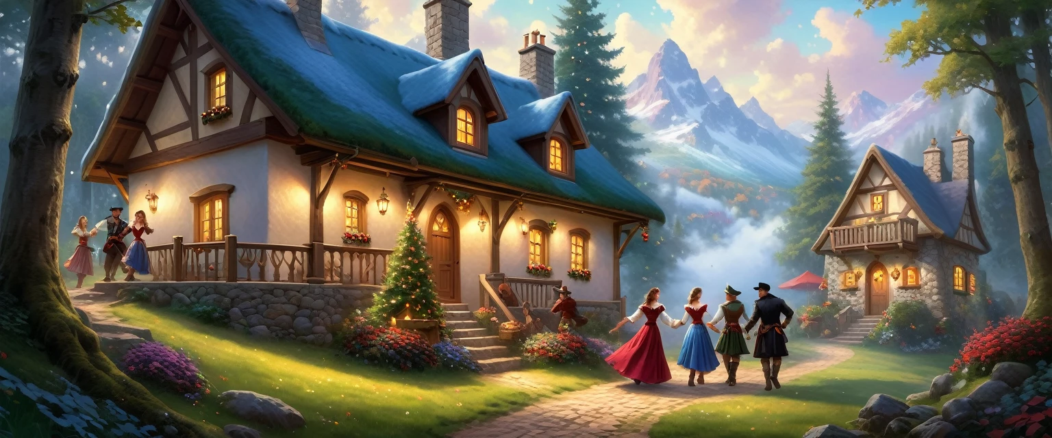 Role-playing game (RPG) style fantasy beautiful European girl, rolling eyes looking up, tongue sticking out Design a Thomas Kinkade-inspired cottage in the woods A dynamic painting of a group of people dancing in a festive atmosphere . Detailed, vibrant, immersive, reminiscent of high fantasy RPG games