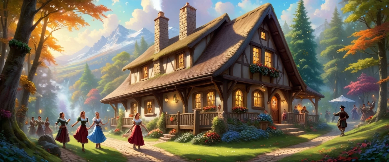 Role-playing game (RPG) style fantasy beautiful European girl, rolling eyes looking up, tongue sticking out Design a Thomas Kinkade-inspired cottage in the woods A dynamic painting of a group of people dancing in a festive atmosphere . Detailed, vibrant, immersive, reminiscent of high fantasy RPG games