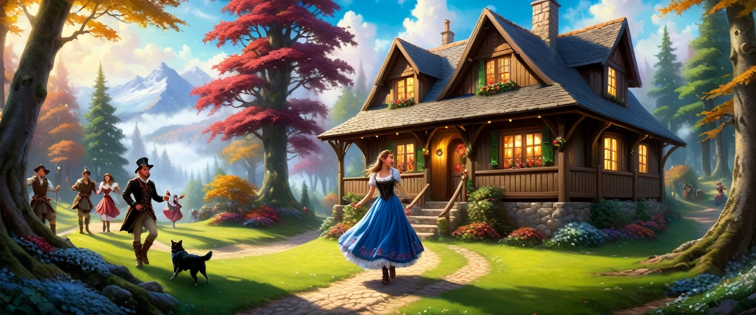 Role-playing game (RPG) style fantasy beautiful European girl, rolling eyes looking up, tongue sticking out Design a Thomas Kinkade-inspired cottage in the woods A dynamic painting of a group of people dancing in a festive atmosphere . Detailed, vibrant, immersive, reminiscent of high fantasy RPG games