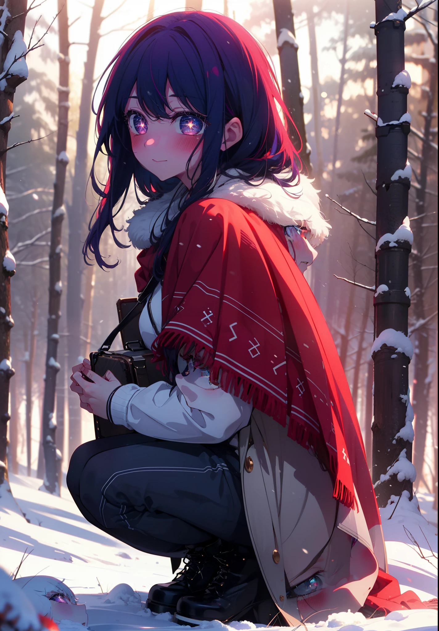 aihoshino, Ai Hoshino, Long Hair, bangs, (Purple eyes:1.1), Purple Hair, (Symbol-shaped pupil:1.5), smile,,smile,blush,White Breath,
Open your mouth,snow,Ground bonfire, Outdoor, boots, snowing, From the side, wood, suitcase, Cape, Blurred, , forest, White handbag, nature, Squat, Mouth closed, Cape, winter, Written boundary depth, Black shoes, red Cape break looking at viewer, Upper Body, whole body, break Outdoor, forest, nature, break (masterpiece:1.2), Highest quality, High resolution, unity 8k wallpaper, (shape:0.8), (Beautiful and beautiful eyes:1.6), Highly detailed face, Perfect lighting, Extremely detailed CG, (Perfect hands, Perfect Anatomy),