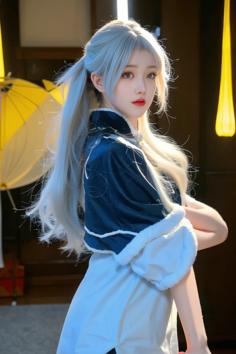 best quality, tmasterpiece,Ultra-high resolution,Clear face,(Reality:1.4),ferpect lighting,(upper body:1.5), (photorealistic:1.50), anime wallpaper, Guviz style artwork, cover-up fantasy up to magic , by Yang J, Guviz, beautiful artwork illustration, beautiful digital artwork, beautiful digital illustration, Li Song, beautiful anime portrait, art style in Beauvot, Minami Kotori, 1girl, 独奏,cosplay, looking at viewer,
long hair, blonde hair,bangs, side ponytail,single hair bun,
gloves, mini hat, pencil skirt, Miniskirt, long sleeve
outdoors,photo background, meadow, Garden, standing, Turn your back to the audience, Night sky,