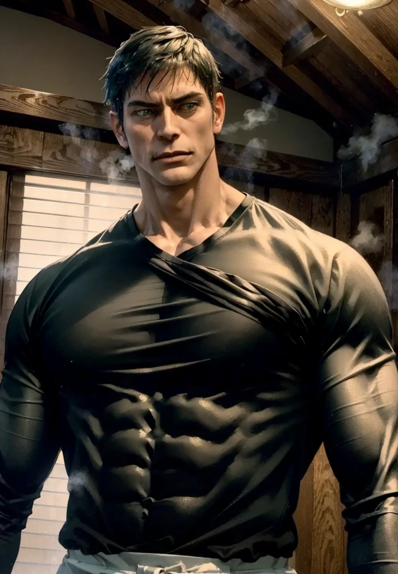 1 man, he is inside a chic wooden house, wearing simple clothes in neutral tones, detailed facial features, masculine green eyes, detailed light skin, shaved hair, strong and serious expression, dramatic lighting, cinematic composition, cold and dark, atmospheric fog, handsome face, square chin, handsome man, masculine, strong muscular body structure, big handsome man, handsome vampire (best quality, 4K, 8K, high resolution, art: 1.2), ultra detailed, (realistic, photorealistic, photorealistic: 1.37) (majestic, incredible, exotic:1.3),