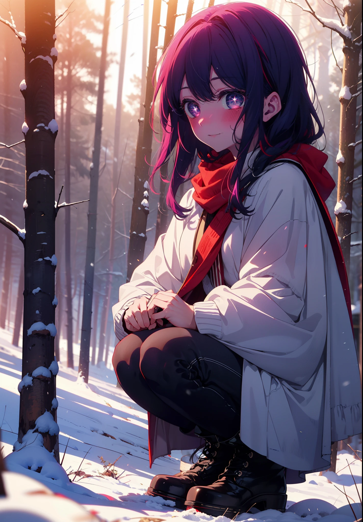 aihoshino, Ai Hoshino, Long Hair, bangs, (Purple eyes:1.1), Purple Hair, (Symbol-shaped pupil:1.5), smile,,smile,blush,White Breath,
Open your mouth,snow,Ground bonfire, Outdoor, boots, snowing, From the side, wood, suitcase, Cape, Blurred, , forest, White handbag, nature, Squat, Mouth closed, Cape, winter, Written boundary depth, Black shoes, red Cape break looking at viewer, Upper Body, whole body, break Outdoor, forest, nature, break (masterpiece:1.2), Highest quality, High resolution, unity 8k wallpaper, (shape:0.8), (Beautiful and beautiful eyes:1.6), Highly detailed face, Perfect lighting, Extremely detailed CG, (Perfect hands, Perfect Anatomy),