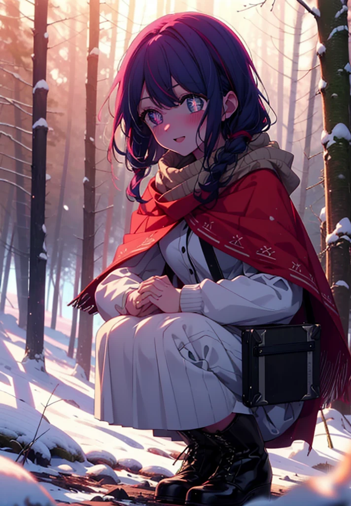 aihoshino, Ai Hoshino, Long Hair, bangs, (Purple eyes:1.1), Purple Hair, (Symbol-shaped pupil:1.5), smile,,smile,blush,White Breath,
Open your mouth,snow,Ground bonfire, Outdoor, boots, snowing, From the side, wood, suitcase, Cape, Blurred, , forest, White handbag, nature, Squat, Mouth closed, Cape, winter, Written boundary depth, Black shoes, red Cape break looking at viewer, Upper Body, whole body, break Outdoor, forest, nature, break (masterpiece:1.2), Highest quality, High resolution, unity 8k wallpaper, (shape:0.8), (Beautiful and beautiful eyes:1.6), Highly detailed face, Perfect lighting, Extremely detailed CG, (Perfect hands, Perfect Anatomy),