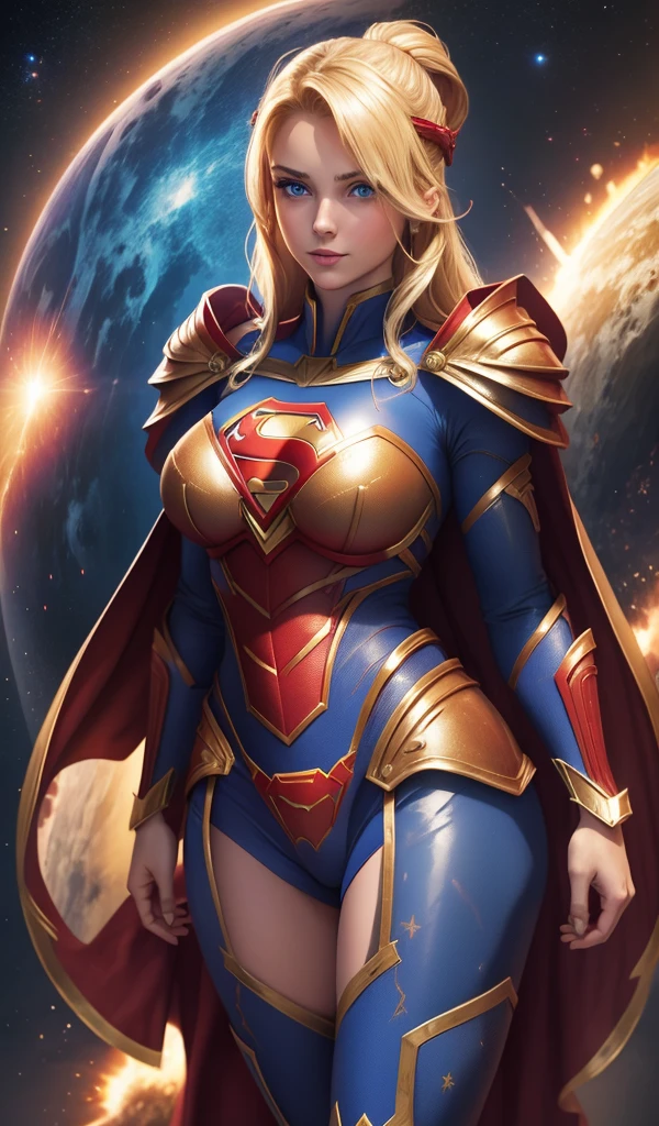 Supergirl flying in the space, planet's in the background, perfect armor costume, traditional 'S' in the chest, extremely big upturned buttock, back angle view, extremely blond hair, smooth curves, red cape, extremely beautiful blue eyes, beautiful smile