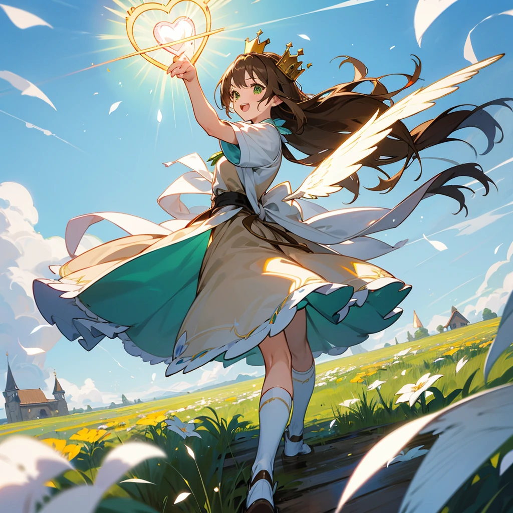 kawaii, anime, Cute, hyper quality, highly detailed, 16k, Front facing, Clarity, full body, smile, Inciting point of view, one girl, long brown hair, green eyes, Magical girl, , brown hawk wings on the back, heart stick, white actinidia arguta flowers, over knee socks, ribbon, open your mouth and laugh, light dances, A bird of light flaps its wings, brandish a stick, morning sunshine, magic effect, magic attack, heart effect, accessories, cute costume, white petals dance, Standing on a green hill with blooming flowers, white sardine flower, blue sky, crown, a brown bird flapping its wings, clear sky, Light of the sun, long magic stick, fantasy world,