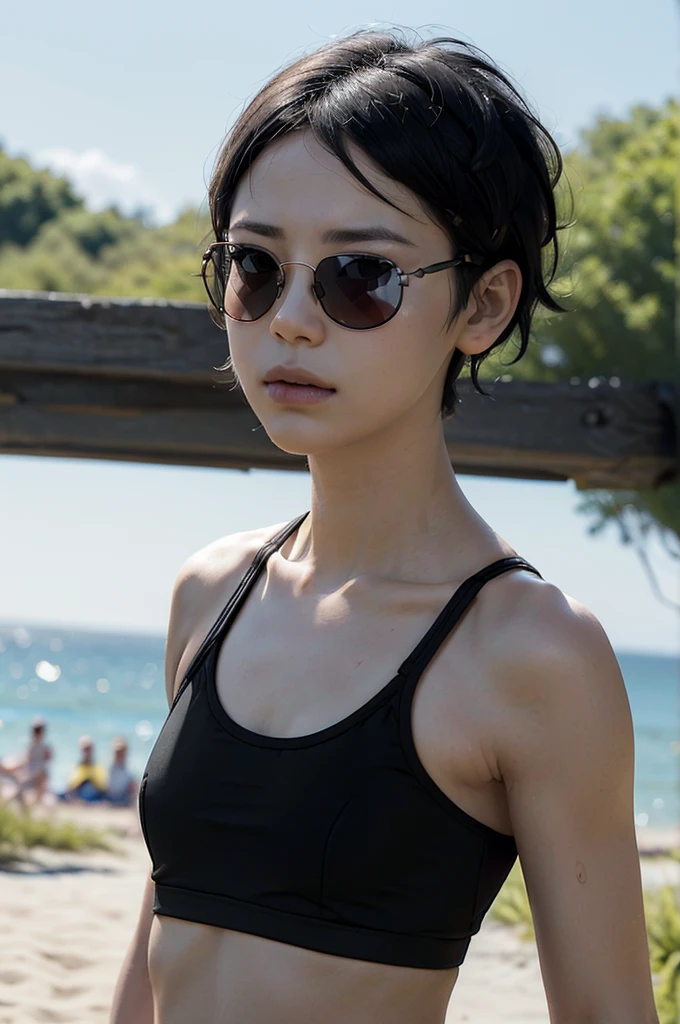 masterpiece, best quality, (realistic,photo-realistic:1.4), (RAW photo:1.2), extremely detailed CG unity 8k wallpaper, delicate and beautiful, amazing,finely detail, official art, absurdres, incredibly absurdres, huge filesize, ultra-detailed,extremely detailed eyes and face,light on face,(little smile),(black hair:1.4),(very short hair:1.4),sarada uchiha ,(wearing black sun glasses:1.5),beach,(street),(flat chest:1.3),(small breast:1.3),(potrait:1.4),(wearing sports bra:1.4)