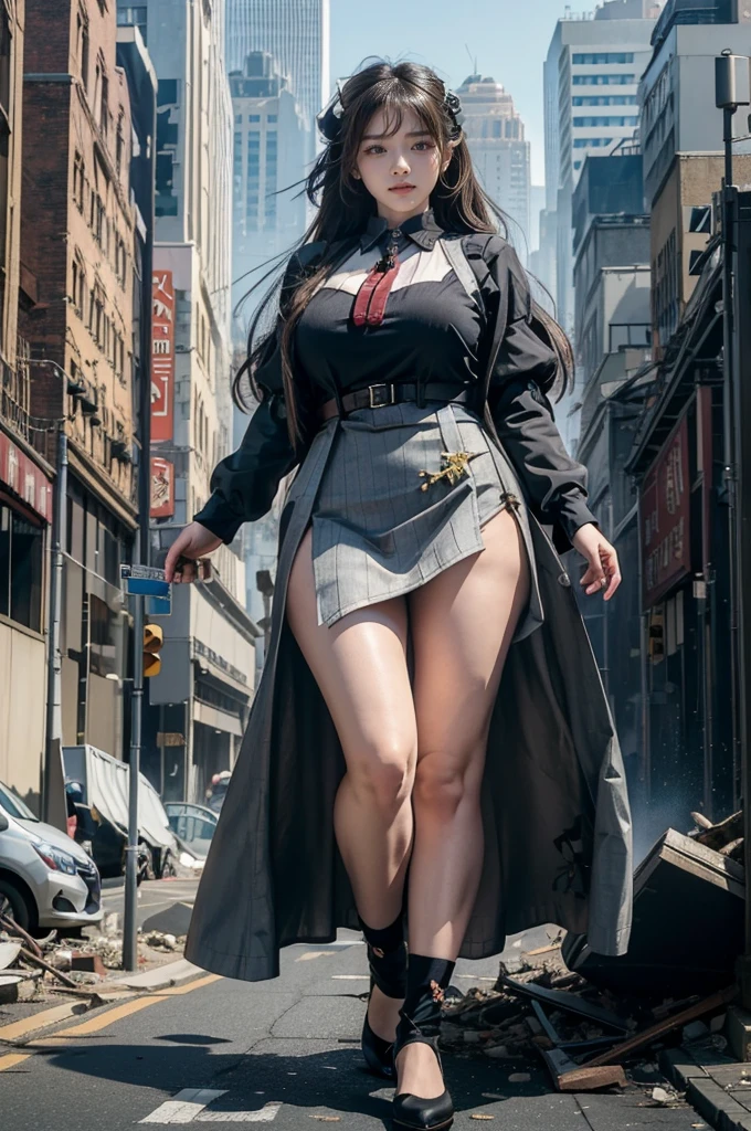 The building collapses、Urban hustle and bustle、Traffic jam、City of Rubble、street tree、((((Azur Lane Cheshire))))、Maid clothes、Super huge breasts、Plump thighs、Ground View,City of Giants,500 foot tall giant girl,skyscraper,Has super long legs,Step into the crowd,There are many people on the street,Knee-high socks,She has waist-length black hair,Wear Mary Jane heels,A happy look,Standing on the ruins,Beautiful appearance,Exquisite makeup,quality,8K,高quality,Perfect Proportions, Cinema Lighting,Film Grain,The Colors of Fuji,8K,Textured skin,Super Detail,High detail,high quality,High resolution,explode,False Smile,Show your pants
