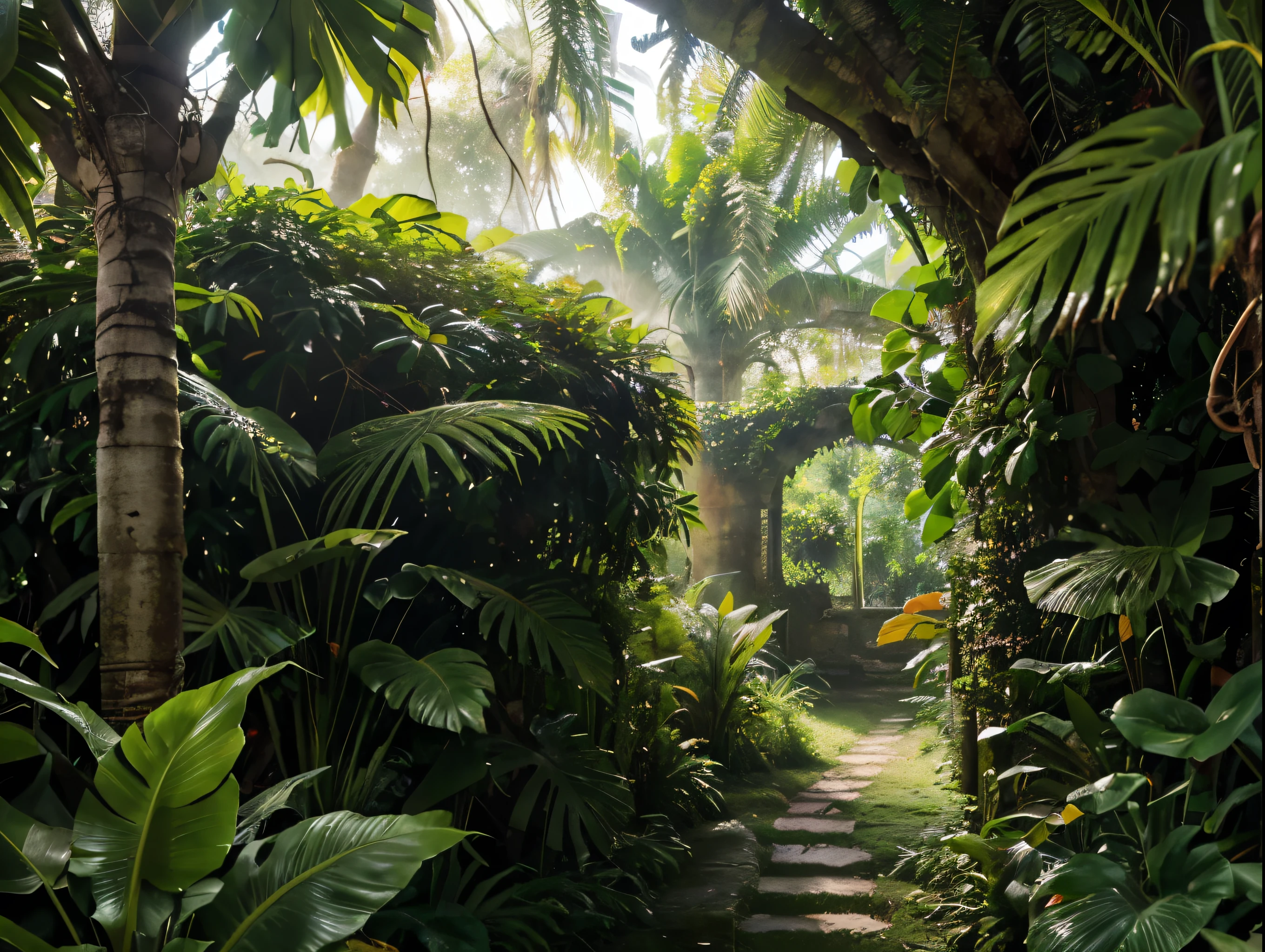 tropical jungle background, lush green foliage, dense vegetation, sunlight streaming through leaves, colorful birds and butterflies, ancient ruins overgrown with vines, detailed textures, (best quality,4k,8k,highres,masterpiece:1.2),ultra-detailed,(realistic,photorealistic,photo-realistic:1.37),vibrant colors,natural lighting,cinematic composition