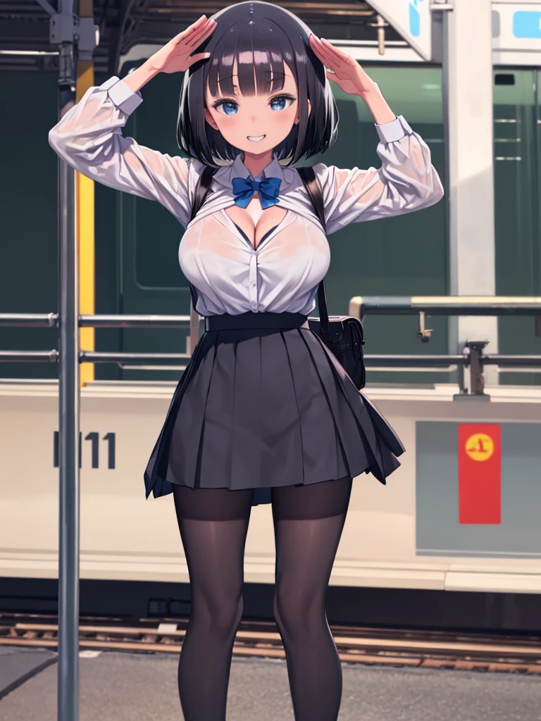 (8K、Best image quality、Highest quality、masterpiece)、Detailed face、((One ))、Black Hair、Bobcut、Blunt bangs、shiny bright blue eyes、Wicked Smile、((Grin))、((Big Breasts、Big cleavage))、White shirt and pleated skirt、((Schoolgirl skirt))、Black Pantyhose、Cowboy Shot、salute、Station platform waiting for the train 、Station Background、(Someone knowledgeable、Shiny skin、Oily skin)、Written background、Background Blur、