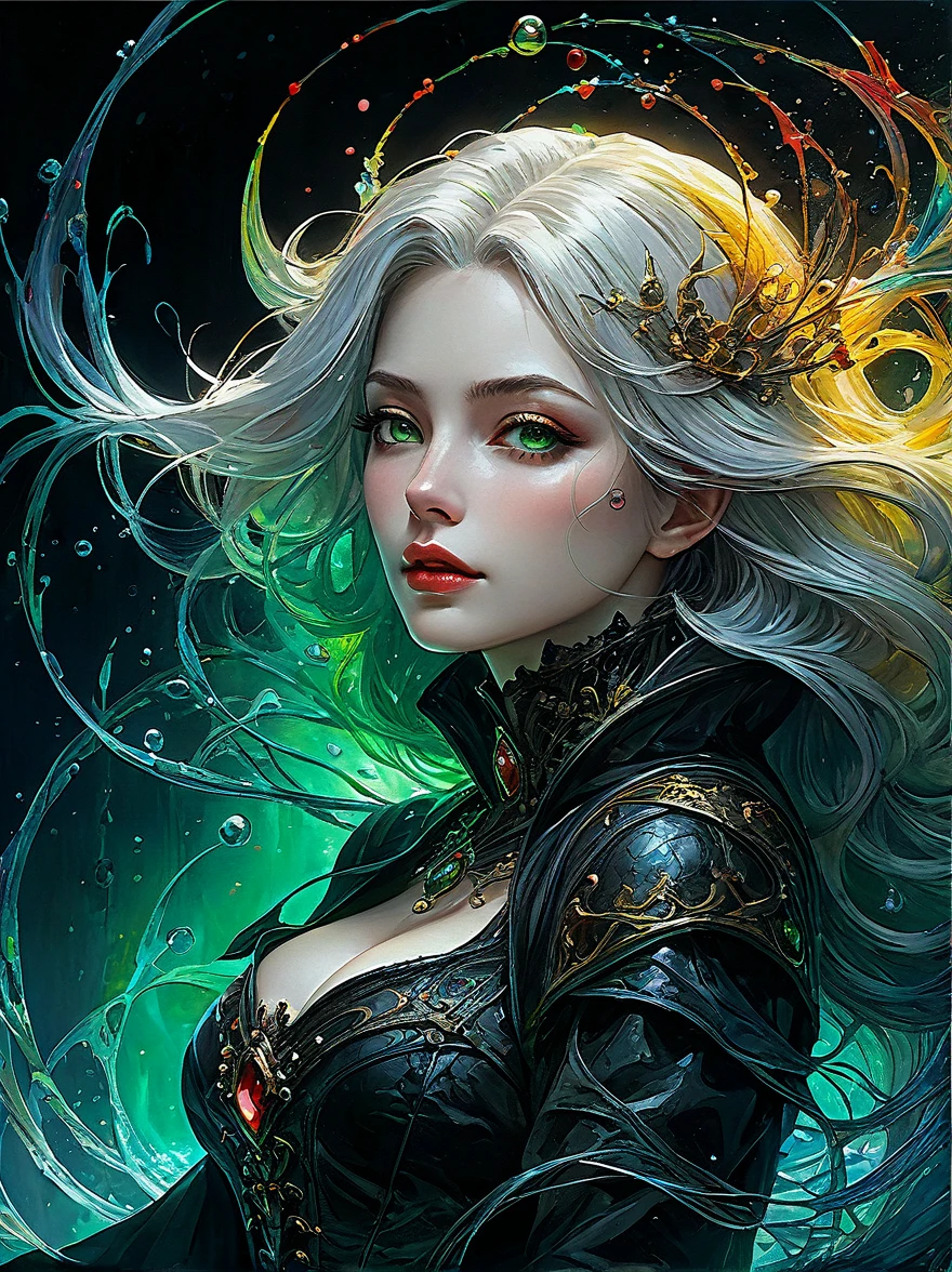 girl, Laughter, Colorful colors, surrounded by water bubbles, In kawacy style, masterpiece, Oil painting in anime style, Head close-up, Exaggerated perspective, Tyndall effect, Water Drop, Mother-of-pearl iris, holographic white, Chess Queen Costume, アニメのgirl, 美しい顔をしたgirl, White gold hair, Green Eyes, Goth Girl, ((Sexy Uniform)), Stylish and very sexy , With a funny look, Hellwalker, Embrace Death, Dark veins of blood stretch out from the darkness, tangled together, Oozing thick yellow blood, The veins grow、Pumping blood, (Chubby female body:0.8), Vascular network development, Connecting, Enlarge the, Red veins everywhere, Zdzislaw Beksiński, (Vivid colors:1.3), (Rainbow Skin:1.1), (Infrared:1.2), Super detailed, Complex, ((Dry brush, Ultra Sharp)), (Surrealism:1.4), (Anxious:1.5), Painting in the style of Bekshinsky, Devil Symbol, (whole body), フレーム内のwhole body, Center body, cute, Realistic, ((Complex details)), (Pale Gothic Evil Queen), Ebrant, Action-packed, detailed character design, Reminiscent of a fighting game, Dark veins of blood stretch out from the darkness, tangled together, Oozing dark neon rainbow blood, The veins grow、Pumping blood, Vascular network development, Connecting, Enlarge the, Red veins everywhere, Zdzislaw Beksiński, (vEbrant colors:1.1), Dynamic pose, Perfect Face, (Realistic eyes), Perfect Eyes, ((Dark Gothic Background)), Sharp focus
