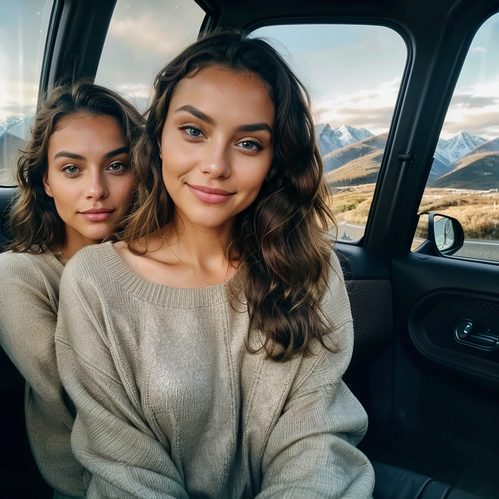 Beautiful brunette, wearing a beige sweater (22 years old, innocent face, naturally wavy hair, blue eye),a woman sitting relaxed in the car ( car with an elegant interior, (women sitting close to the window)), nice background, luxurious leather seats ((Selfie on the upper body, a happy)), masterpiece, beste-Qualit, Ultra-detail, solo, En plein air, (the night), Mountains, Natur, (the stars, Officer) cheerful, analog style (look at the viewer: 1.2) (Skin texture) (Film grains: 1.3), (warm hue, warmer Ton: 1.2), a close-up of a, cinematiclight, sidelighting, extra high resolution, better shadow, SPIRIT, upper body, pullover