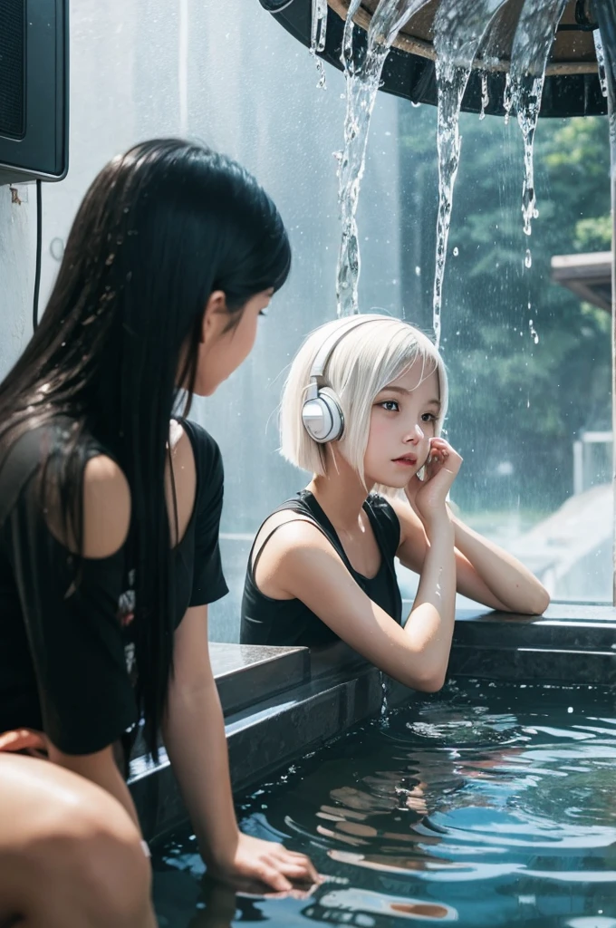 A digital illustration from a photograph of a girl with white bob hair and a girl with long black hair enjoying music amidst dripping water