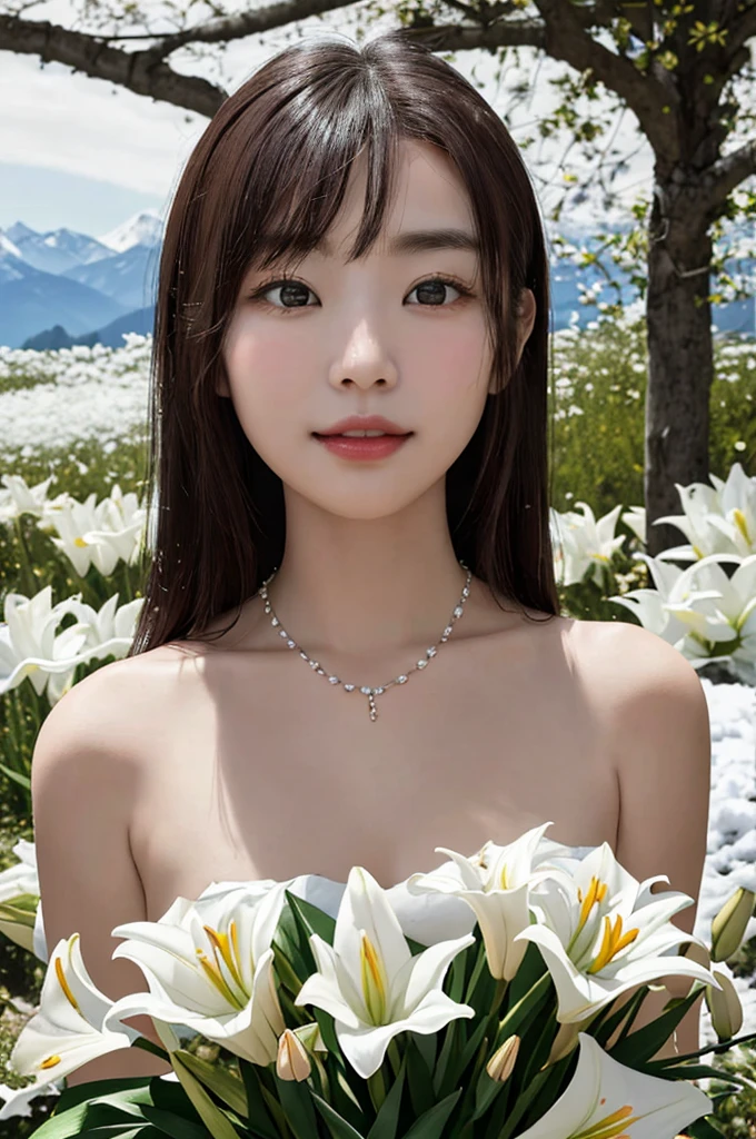 （lifelike， high resolution：1.3）， close up，Sense of story，Realism，Chinese aesthetics，Smart eyes，In a valley of lilies。Lily is pure white，Symbolizes purity and holiness。Her smile is sweet，Full of gentle breath。A necklace made of lilies is hung around the neck，The surrounding lilies complement each other。Background is a sea of white lilies，Bees flying among flowers，Snow-capped mountains and forests in the distance。Pure and noble colors，Depicts a story about the eternity and beauty of true love。