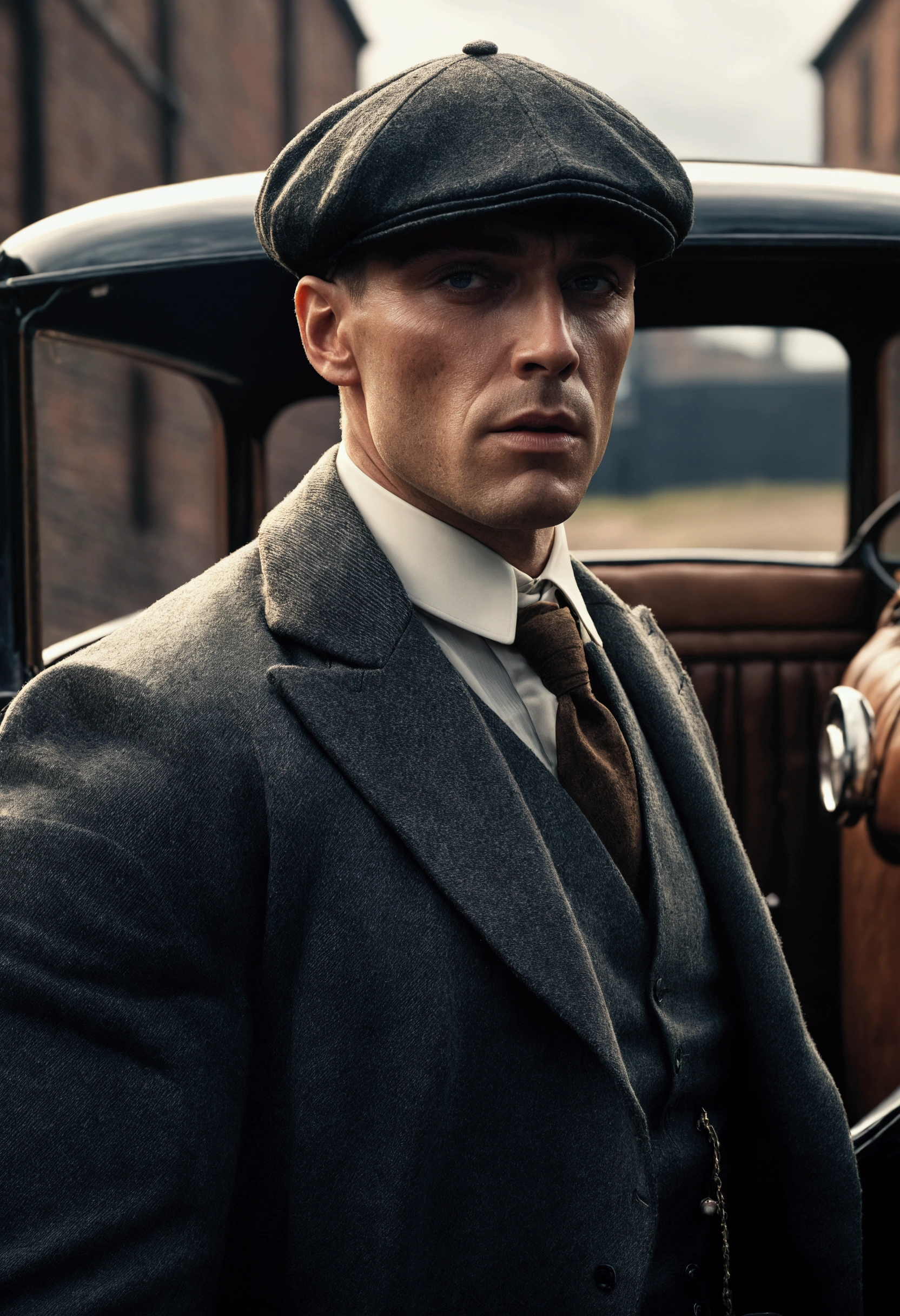 1 male character, peaky blinders style, detailed face, intricate costume, high-end luxury car, dramatic lighting, cinematic composition, hyper-realistic, photorealistic, 8k, award-winning quality, chiaroscuro lighting, moody atmosphere, gritty and grungy, high contrast, strategic depth of field, dramatic shadows, cinematic camera angle, rich colors, elegant and sophisticated, flawless rendering, incredibly detailed