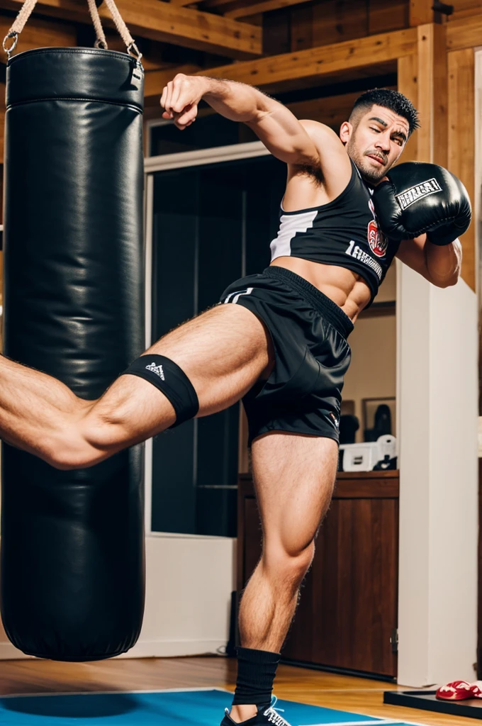 A man kick to the punching bag 