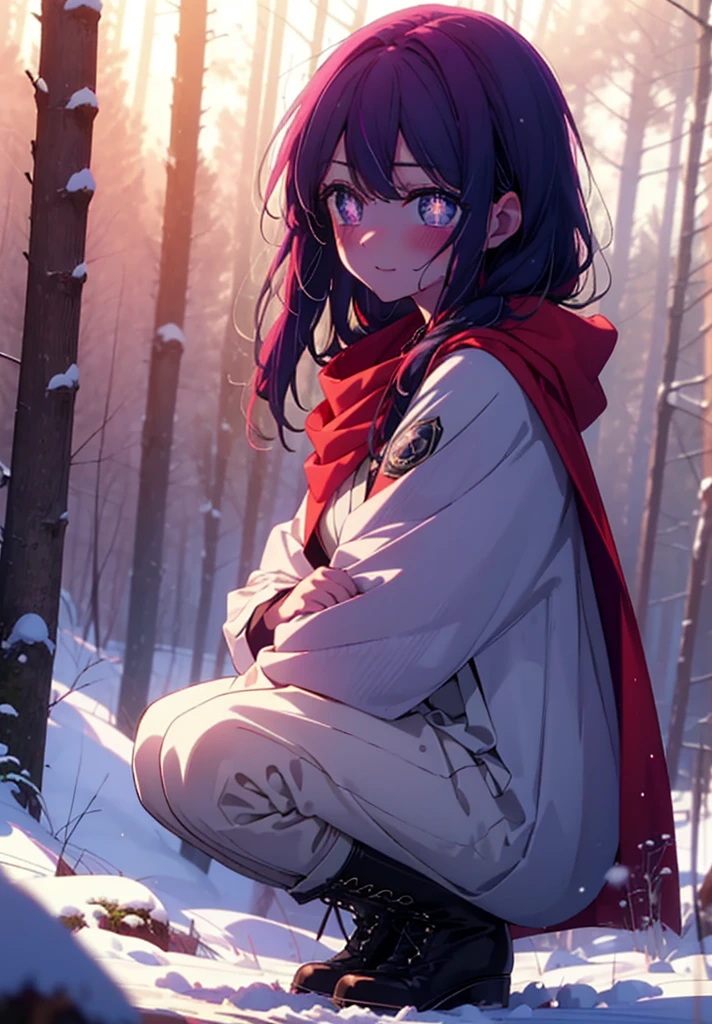 aihoshino, Ai Hoshino, Long Hair, bangs, (Purple eyes:1.1), Purple Hair, (Symbol-shaped pupil:1.5), smile,,smile,blush,White Breath,
Open your mouth,snow,Ground bonfire, Outdoor, boots, snowing, From the side, wood, suitcase, Cape, Blurred, , forest, White handbag, nature, Squat, Mouth closed, Cape, winter, Written boundary depth, Black shoes, red Cape break looking at viewer, Upper Body, whole body, break Outdoor, forest, nature, break (masterpiece:1.2), Highest quality, High resolution, unity 8k wallpaper, (shape:0.8), (Beautiful and beautiful eyes:1.6), Highly detailed face, Perfect lighting, Extremely detailed CG, (Perfect hands, Perfect ???????),