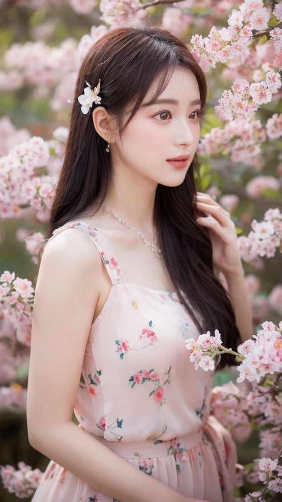 （lifelike， high resolution：1.3）， close up，Sense of story，Realism，Chinese aesthetics，Smart eyes，real picture，Asian real person photo，New Chinese Photography，In a peach blossom forest。Peach blossoms are in full bloom，A romantic atmosphere。Her eyes are full of affection，Full of charming charm。A hairpin decorated with peach blossoms is pinned in the hair.，The surrounding peach blossoms are intertwined。The background is a pink peach blossom ocean，The breeze blows through the flowers，In the distance is a stream and a boat。Colorful and charming，Describe a story about encounter and fate。