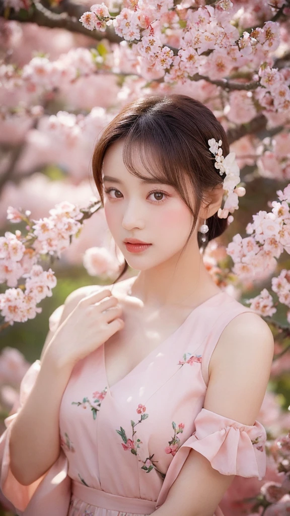 (lifelike, high resolution:1.3), close up,Sense of story,Realism,Chinese aesthetics,Smart eyes,real picture,Asian real person photo,New Chinese Photography,In a peach blossom forest。Peach blossoms are in full bloom,A romantic atmosphere。Her eyes are full of affection,Full of charming charm。A hairpin decorated with peach blossoms is pinned in the hair.,The surrounding peach blossoms are intertwined。The background is a pink peach blossom ocean,The breeze blows through the flowers,In the distance is a stream and a boat。Colorful and charming,Describe a story about encounter and fate。