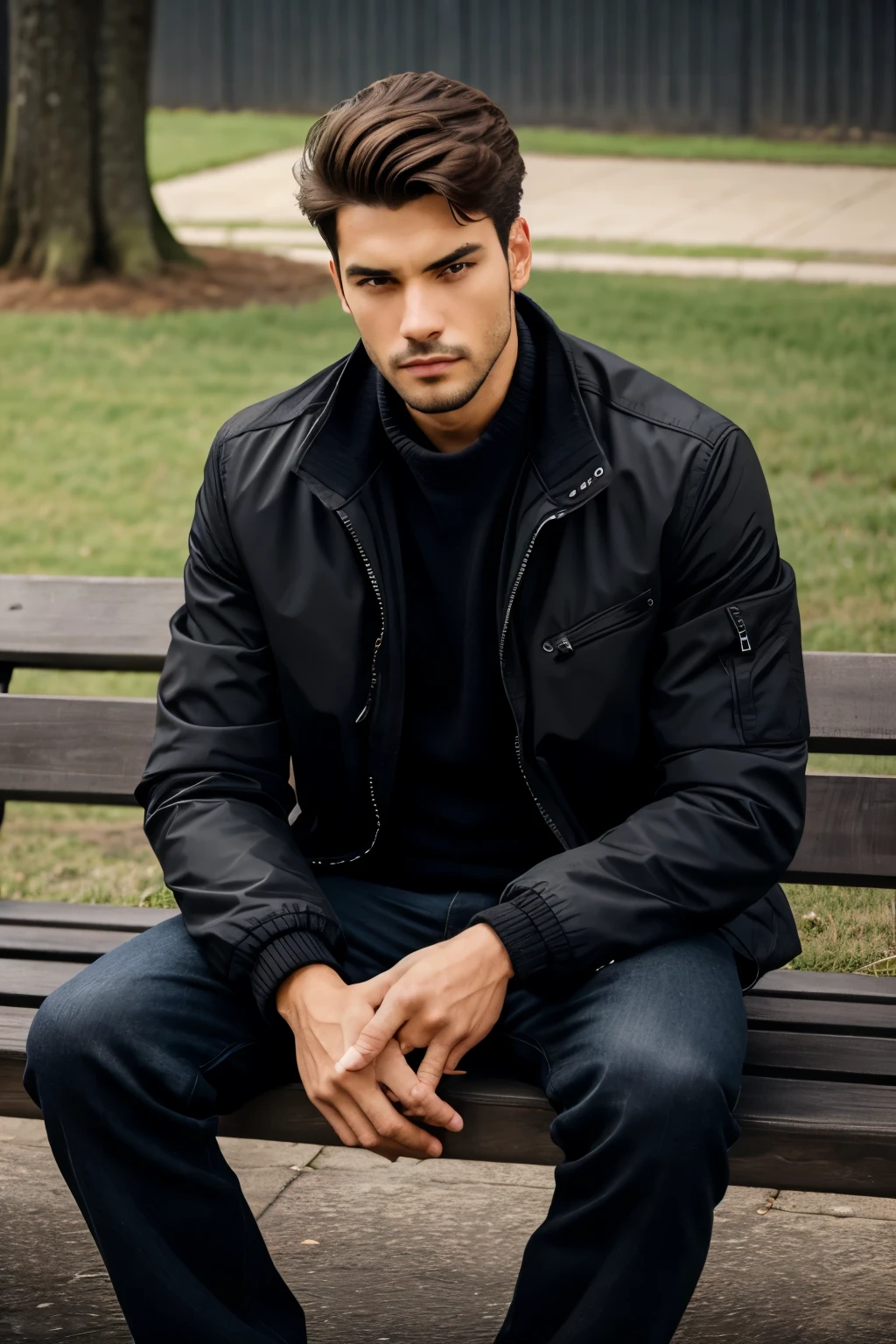 A man was sitting in bench in black jacket