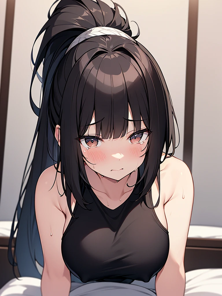 NSFW Close-up on facial expression Black camisole:1.3 1 female 1 male、Sex:1.3 On a white bed, in an apartment room, excitement, sweat, flushing), (Night, dark room, apartment room, lying on a white bed, troubled face, crying face)、 No sleeve、(Black hair, medium length, ponytail, straight hair, bangs swept to the side:1.9 Slanted eyes Brown eyes Tall Big breasts Strong Beautiful Cute) 、 細身の筋肉質の男とのSex