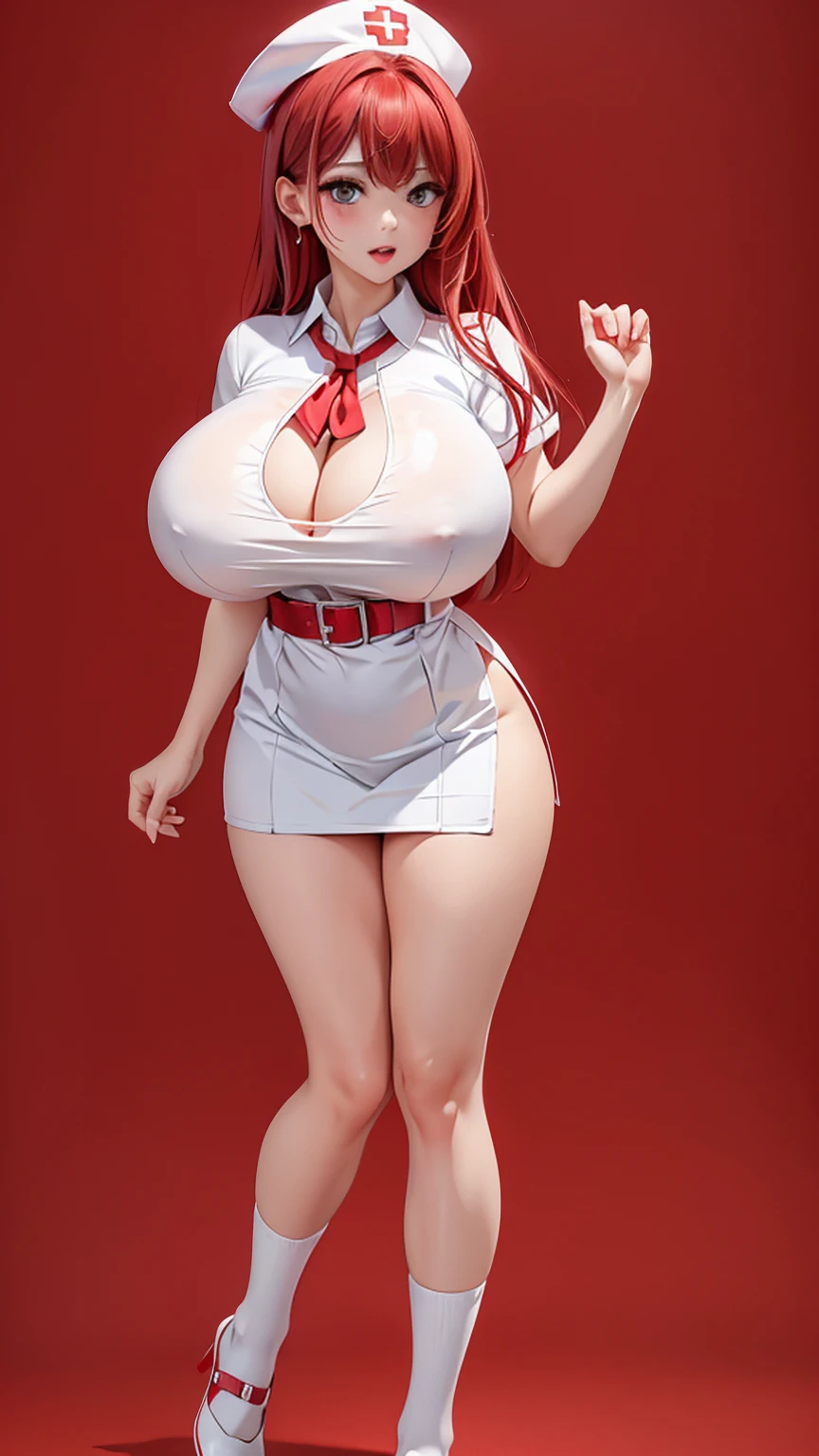 (full_body)、Woman、red_background、(big_breasts:1.5)、white_nurse