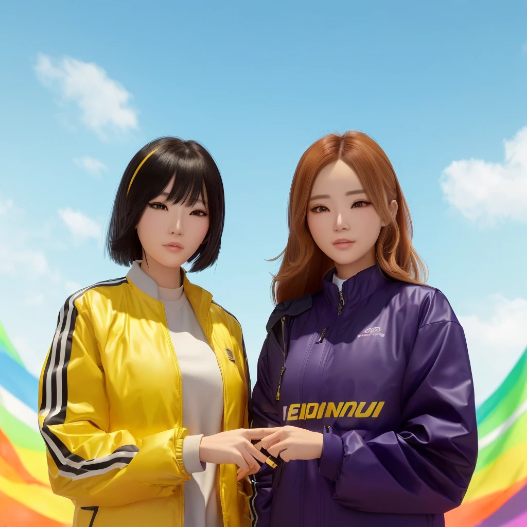 two women in jackets standing next to each other in front of a colorful background, inspired by Zou Yigui, smooth anime cg art, trending on cgstation, huang yuxing and aya takano, official artwork, game cg, e-girl, e - girl, realistic anime 3 d style, fanart, promotional render, yotobi
