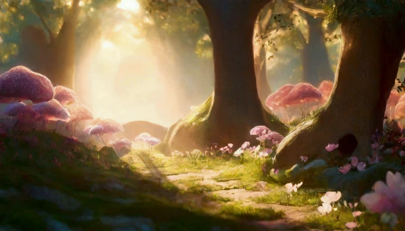 there is a path lined with wooden huts where the inhabitants of the Enchanted Forest live, through a forest with flowers and trees, engine unreal ; romantic theme, the most beautiful scene, beautiful environment, floral atmosphere, dreamy scene, engine unreal. movie film still, beautiful rendering of a fairy tale, detailed cinematic rendering, spring morning, wooden huts of forest dwellers, lost in a dreamy fairyland, environment artist, background art, engine unreal fantasy art, Magical forest scenery