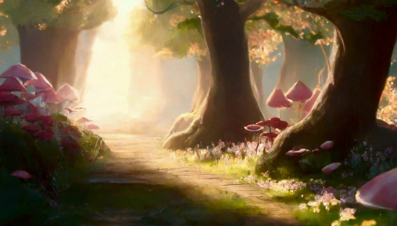 there is a path lined with wooden huts where the inhabitants of the Enchanted Forest live, through a forest with flowers and trees, engine unreal ; romantic theme, the most beautiful scene, beautiful environment, floral atmosphere, dreamy scene, engine unreal. movie film still, beautiful rendering of a fairy tale, detailed cinematic rendering, spring morning, wooden huts of forest dwellers, lost in a dreamy fairyland, environment artist, background art, engine unreal fantasy art, Magical forest scenery