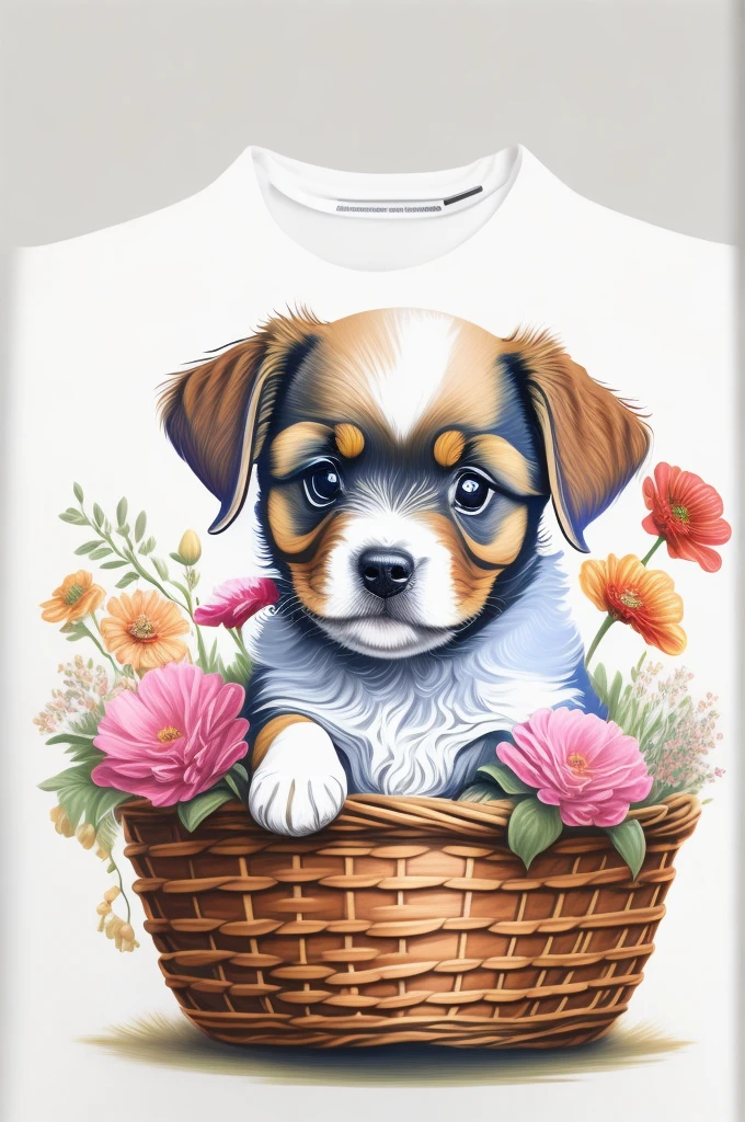 Yorkshire, Puppy, with a basket of flowers) , t shirt design, rzminjornada, vectorial art, White background