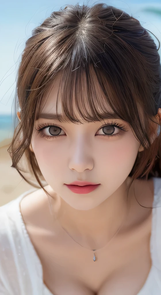 8K,Pieces fly, Highest quality, figure, Very detailed, finely, High resolution, 8k wallpaper, Perfect dynamic composition, Dark and beautiful eyes, Tight clothing, Random Cute Hairstyles, Natural color lip,At the Beach, Random cute poses,Cleavage,Detailed eyes