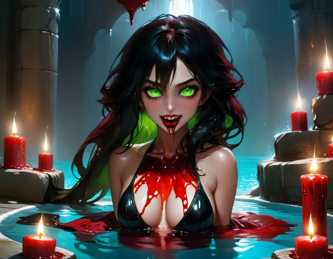 a picture of a female vampire, (Masterpiece, intense details: 1/5 ), exquisite, dreadful beautiful vampire, long black hair, intense green eyes, half-closed eyes, evil smile, fangs, busty sitting near a large pool of dark ((red blood: 1.2)) stone steps, lit by candles, falls of blood fill the pool,  ,(Masterpiece, intense details) wearing glamour black bathing suit, high detail, Conceptual art, Realism, cinematic lighting, moon light, reflection light, from side, panorama, Ultra-Wide Angle, Wide-Angle, award winning, best quality, high quality, high details, highres, vibrant, Ultra-high resolution, High Contrast, (masterpiece:1.5), highest quality, Best aesthetics), best details, best quality, highres, ultra wide angle, 16k, [ultra detailed], masterpiece, best quality, (extremely detailed), Blood_Covered, vampire teeth