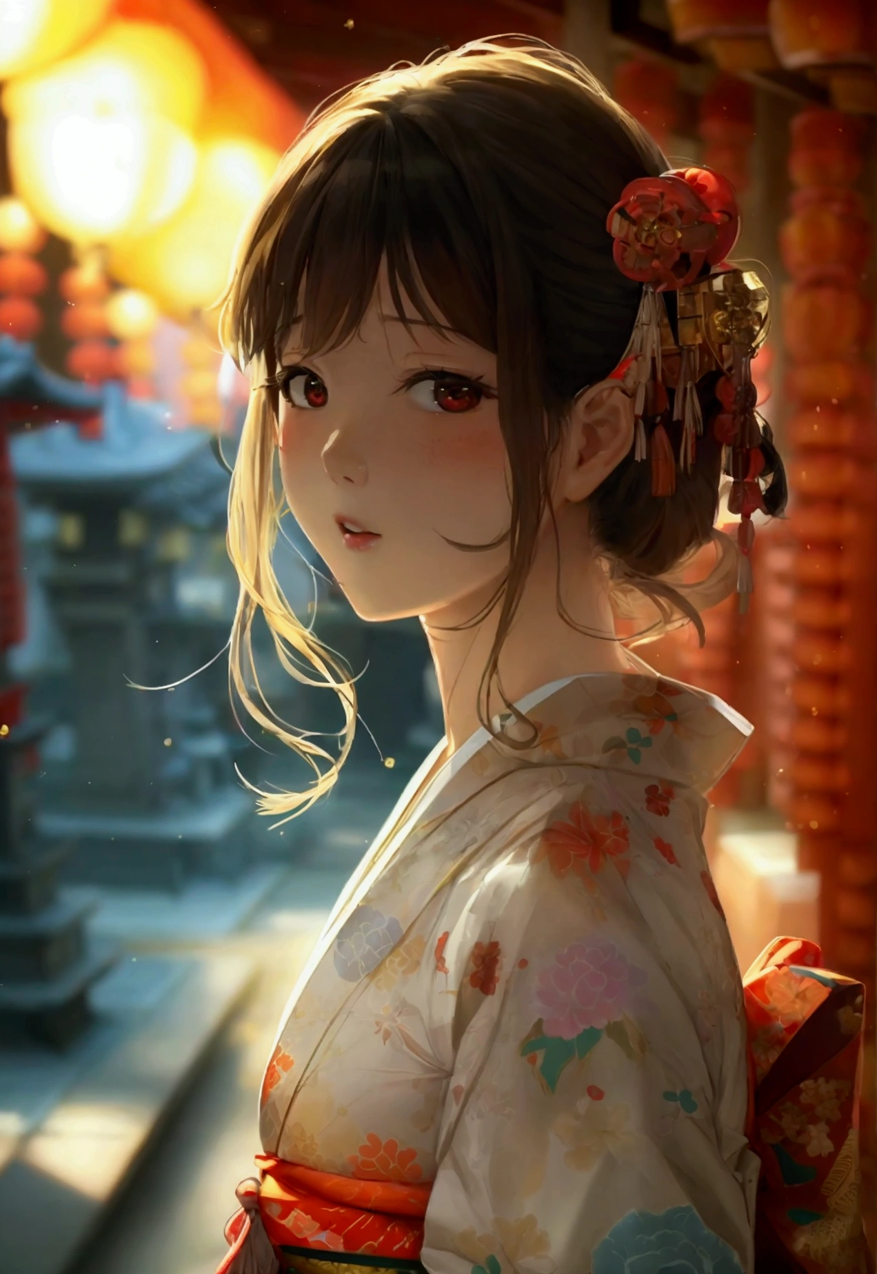 Masterpiece,Highest quality,high resolution,Sunburn mark:1.5,beautiful girl,Japanese,night,shrine,Festivals,yukata,Big Breasts,Cleavage,Big buttocks and thighs