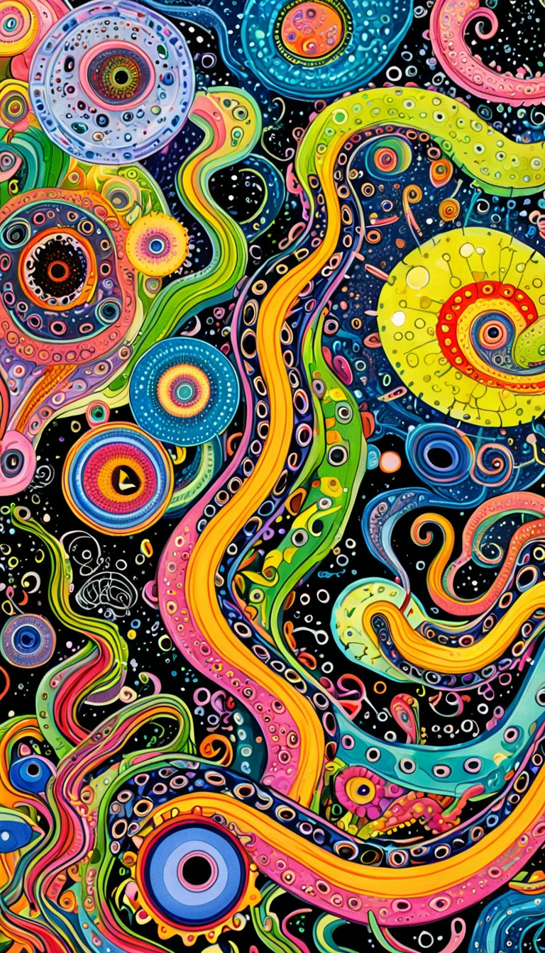 "Dick Ellescas Artist Style",root,earthworm,Caterpillash,Tentacles,Eye、diatom,Stitching together an abstract painting,Describing the inner world of autistic people,Sense of space,White Space,Black Lines,interesting,Innocence,Psychedelic Art,theme