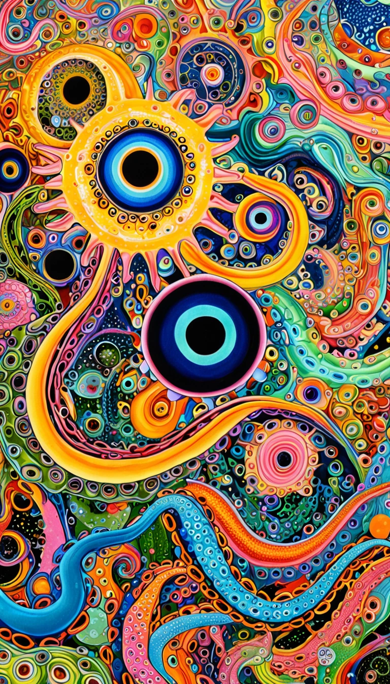 "Dick Ellescas Artist Style",root,earthworm,Caterpillash,Tentacles,Eye、diatom,Stitching together an abstract painting,Describing the inner world of autistic people,Sense of space,White Space,Black Lines,interesting,Innocence,Psychedelic Art,theme