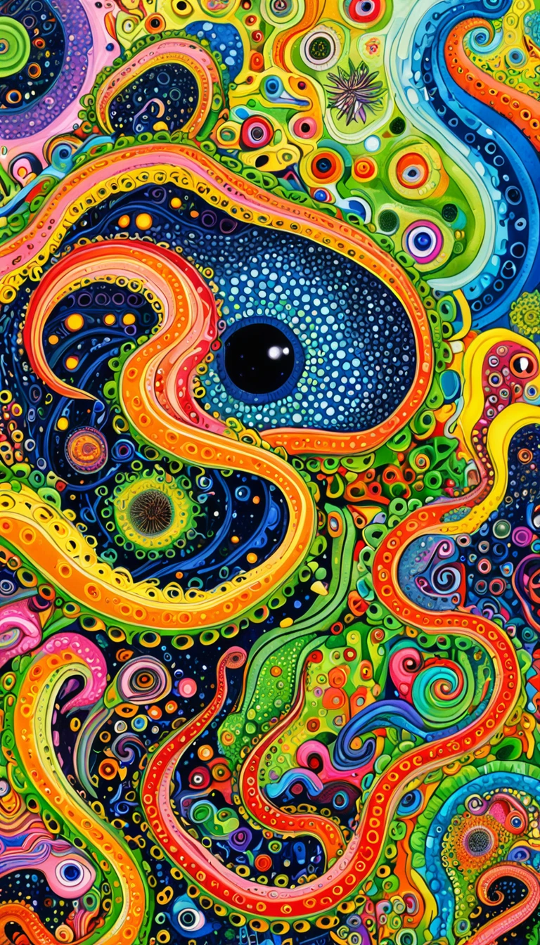 "Dick Ellescas Artist Style",root,earthworm,Caterpillash,Tentacles,Eye、diatom,Stitching together an abstract painting,Describing the inner world of autistic people,Sense of space,White Space,Black Lines,interesting,Innocence,Psychedelic Art,theme